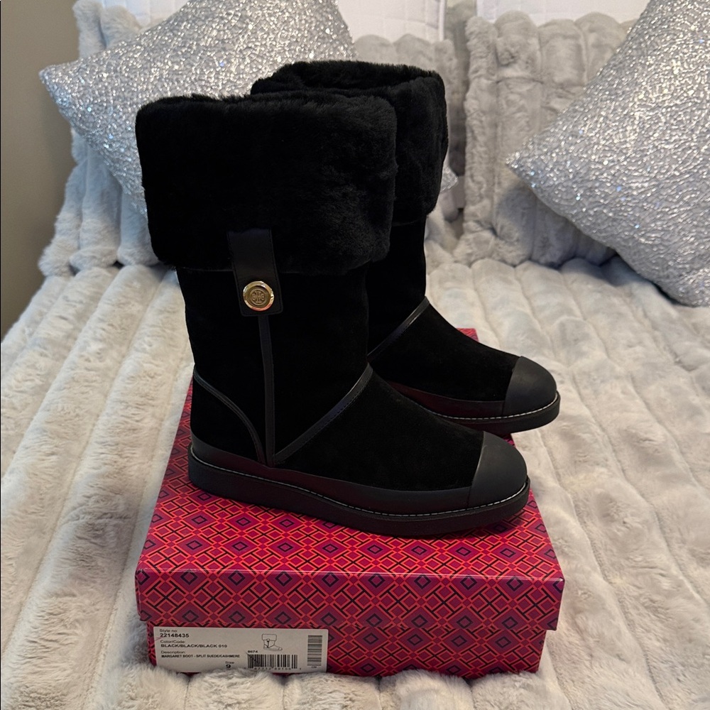 Tory Burch Margaret Boot w. Black Split Fur-Trimmed/cashmere Boots - Picture 2 of 7